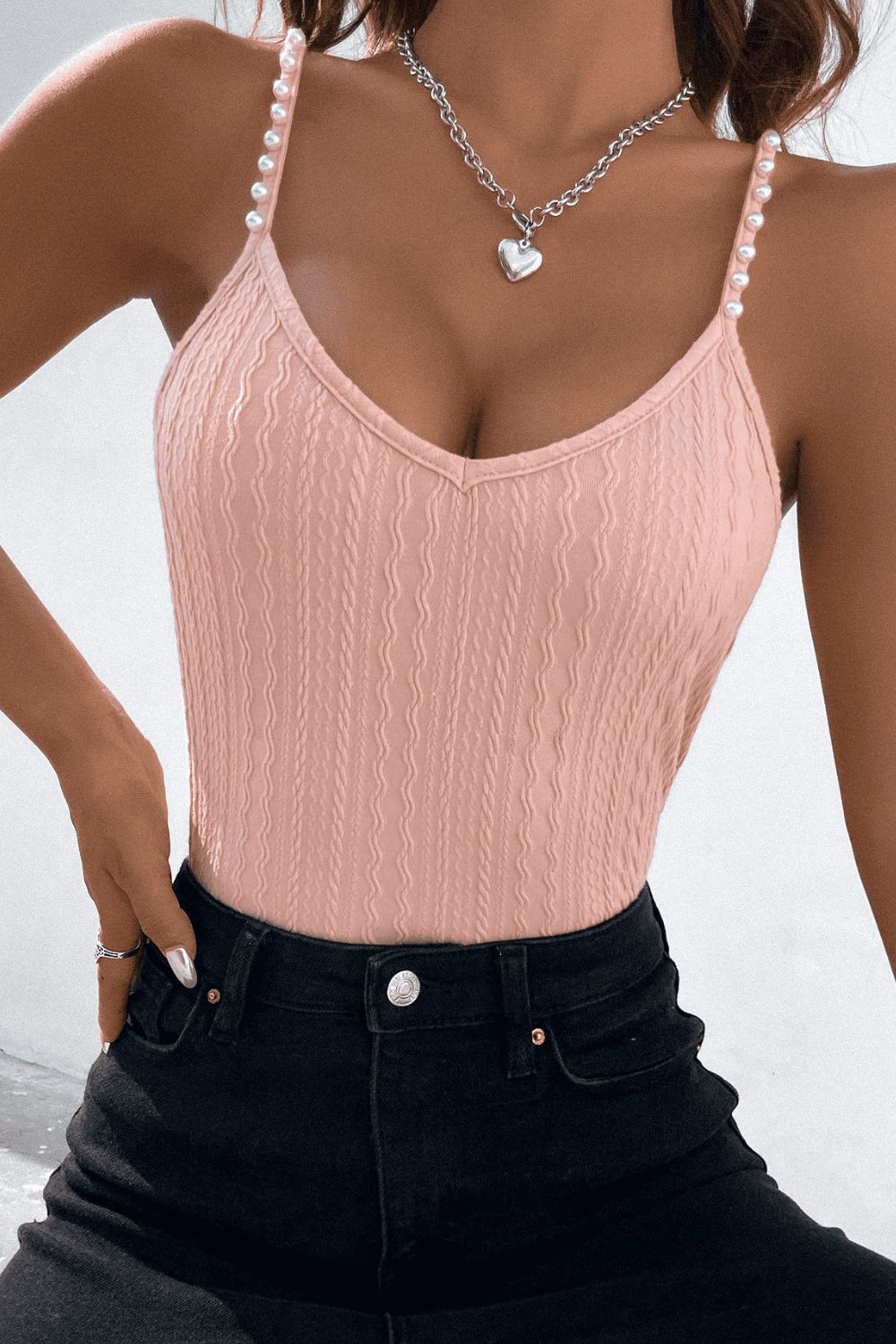 Beads Detail Spaghetti Straps Cable-Knit Cami