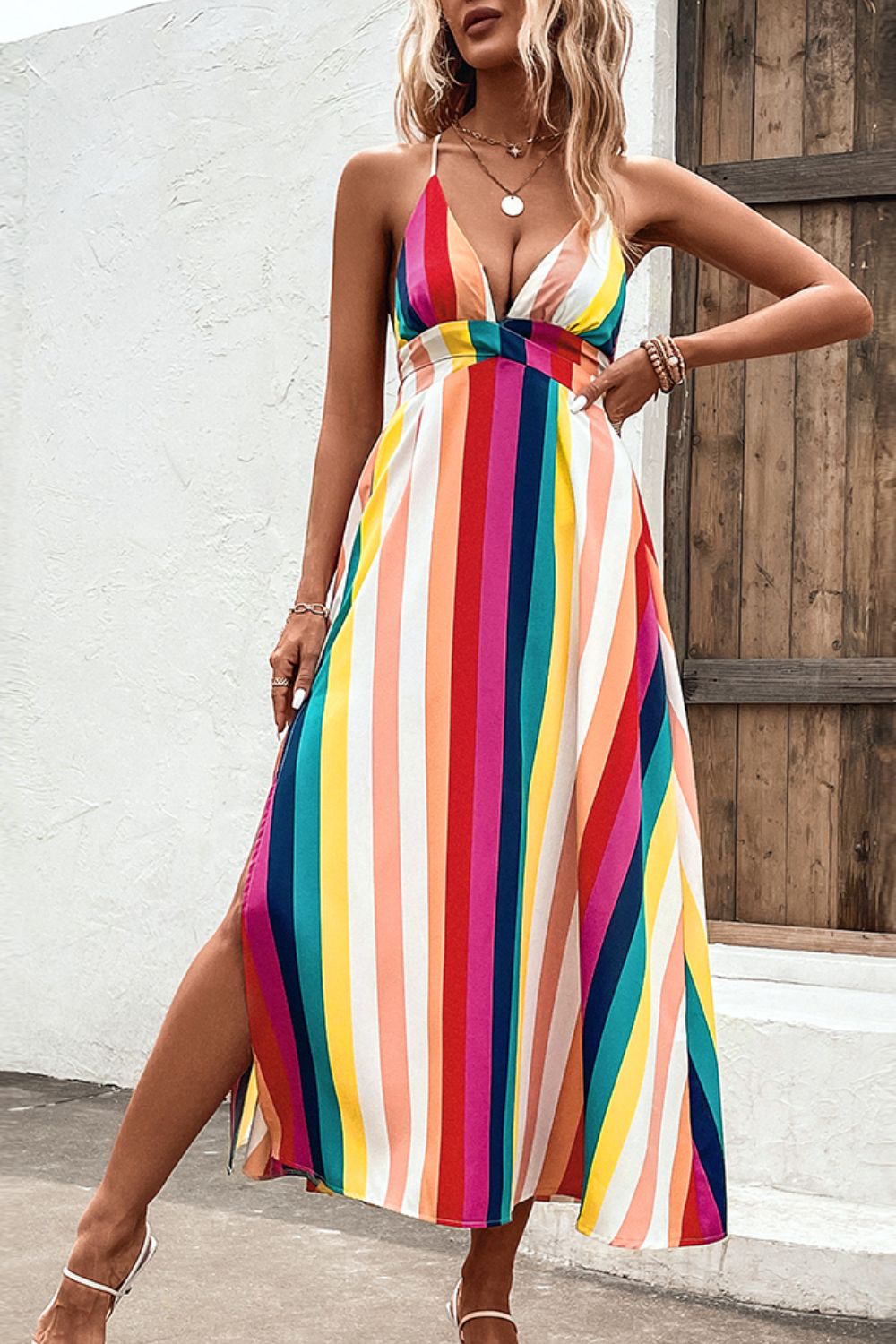 Multicolored Stripe Crisscross Backless Dress