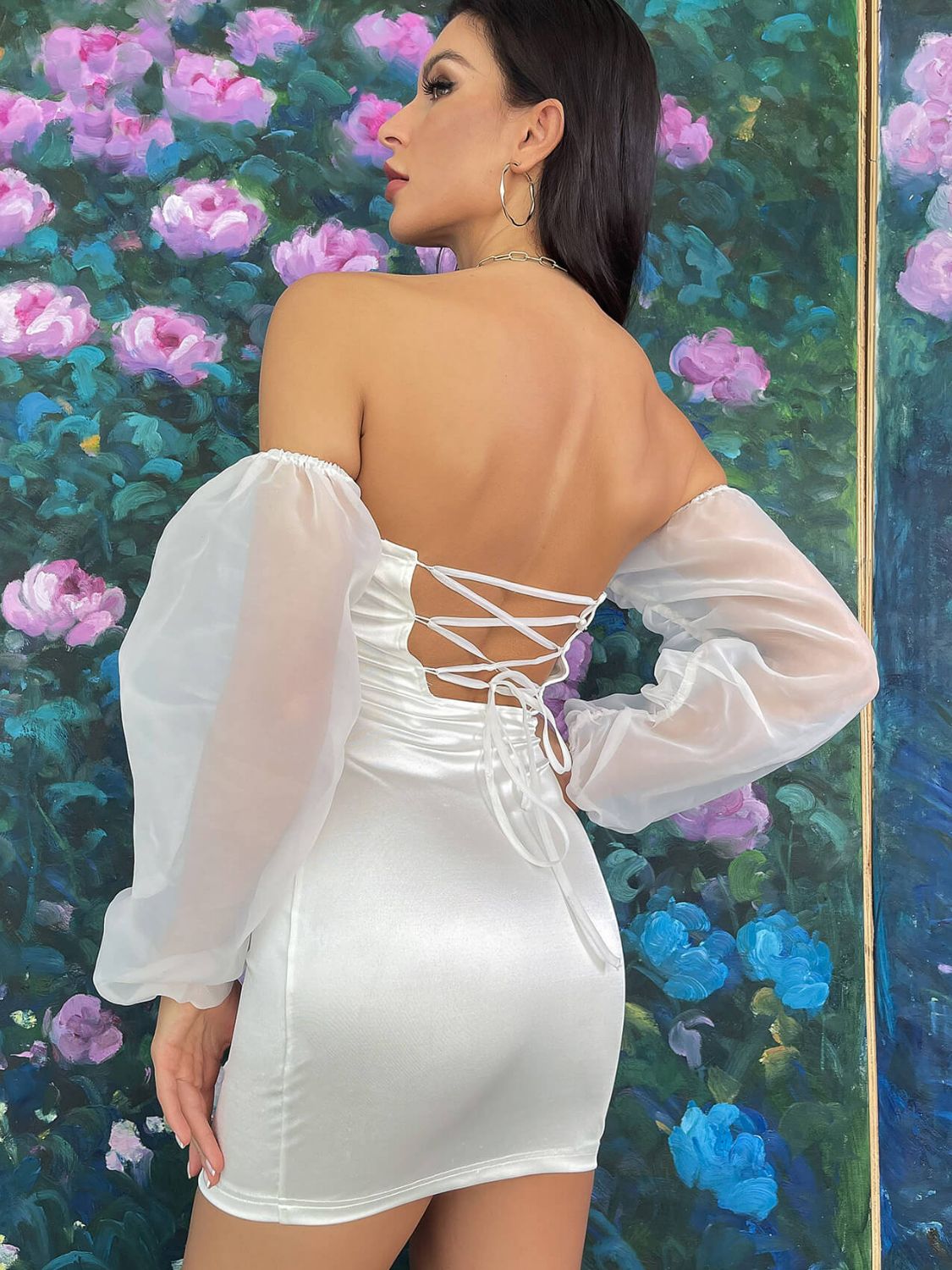 Off-Shoulder Mesh Sleeve Lace-Up Satin Dress